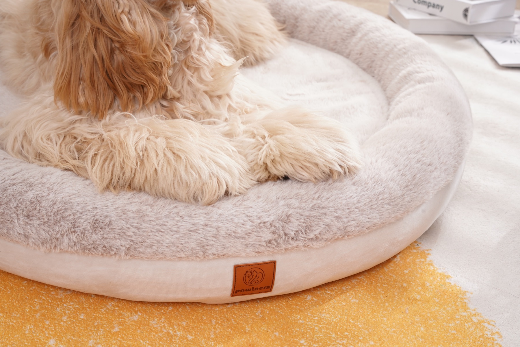 Close detail of a dog settled into the plush Pawtnerz bed